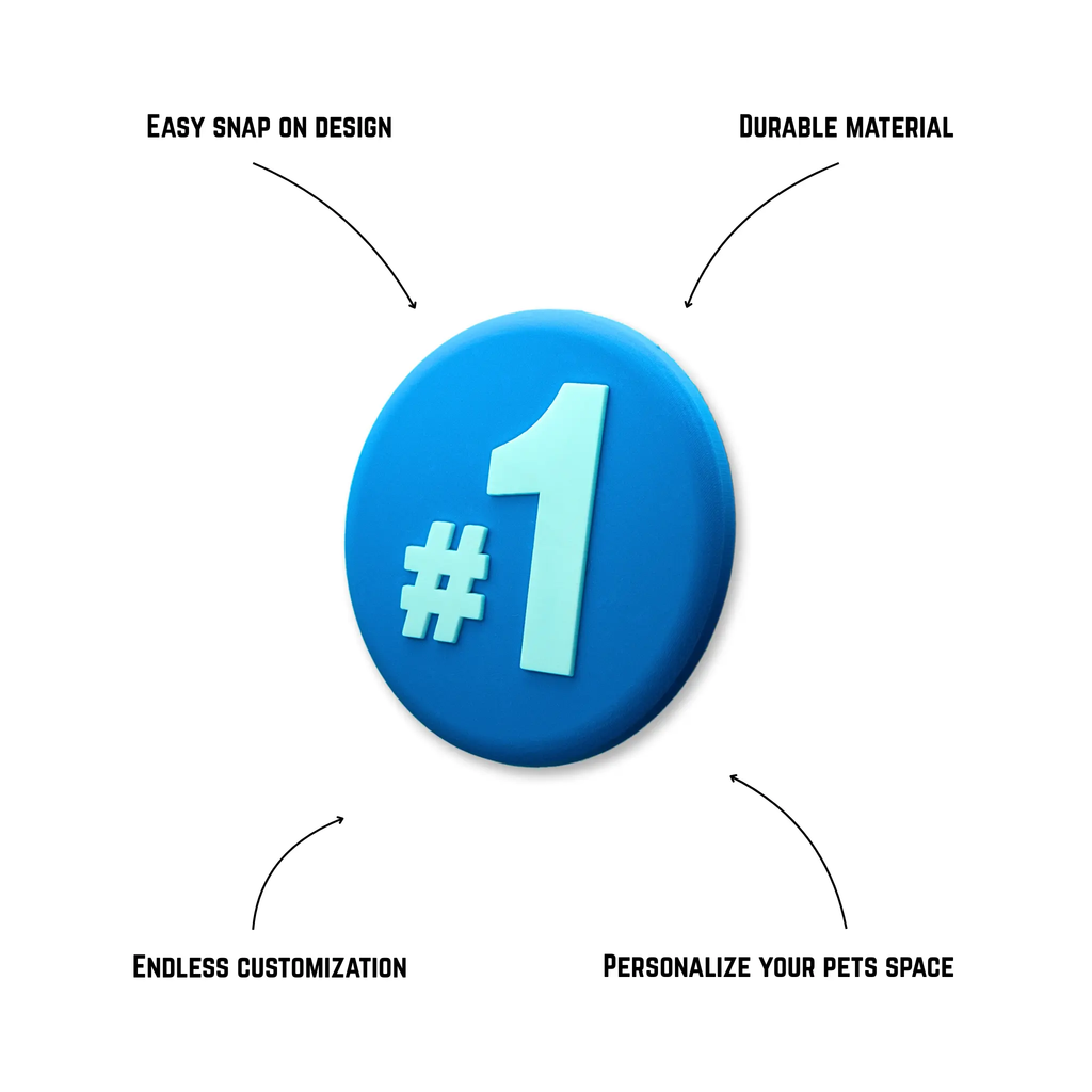 Pet crate accessories blue number one crate charm features benefits callout Crate Charms snap-on decoration