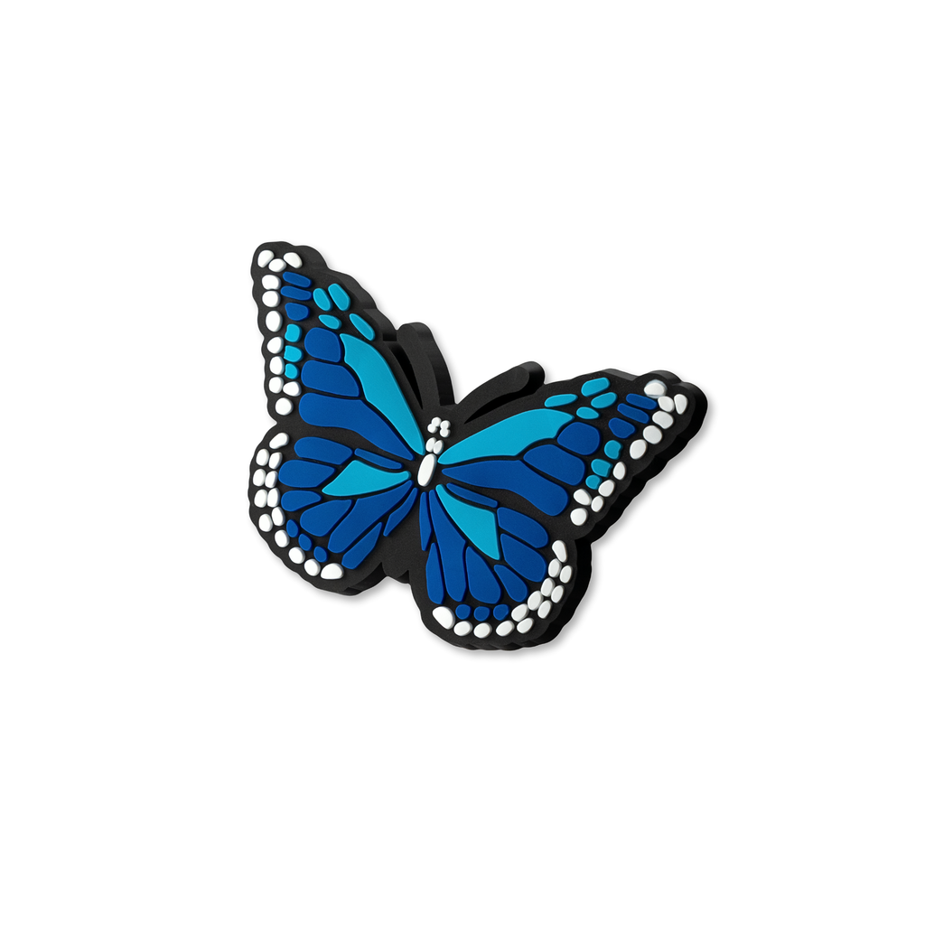 Blue butterfly crate charm shown at angle with dimensional wings