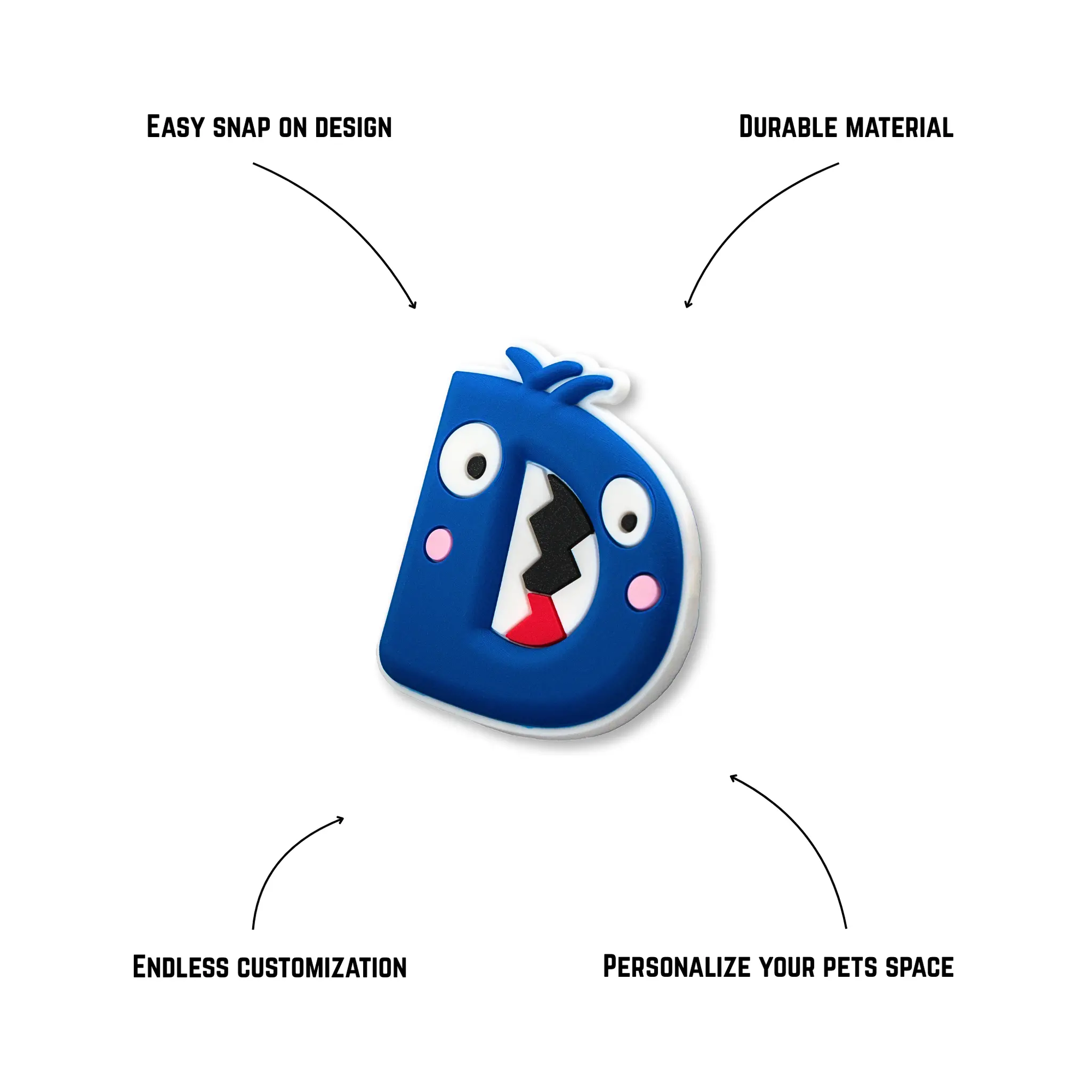 Pet crate accessories blue letter D crate charm features benefits callout Crate Charms alphabet snap-on decoration