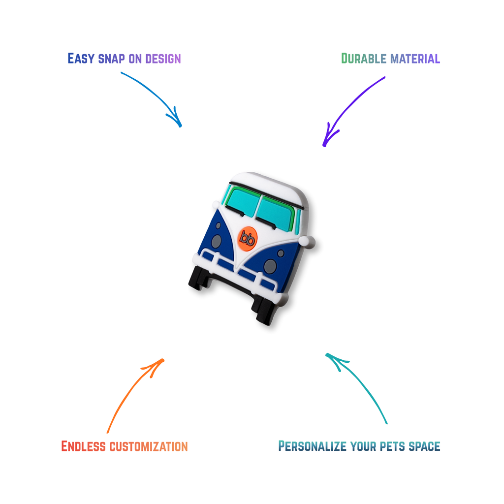 blue and white minivan snap-on charm features: easy attachment and durable construction