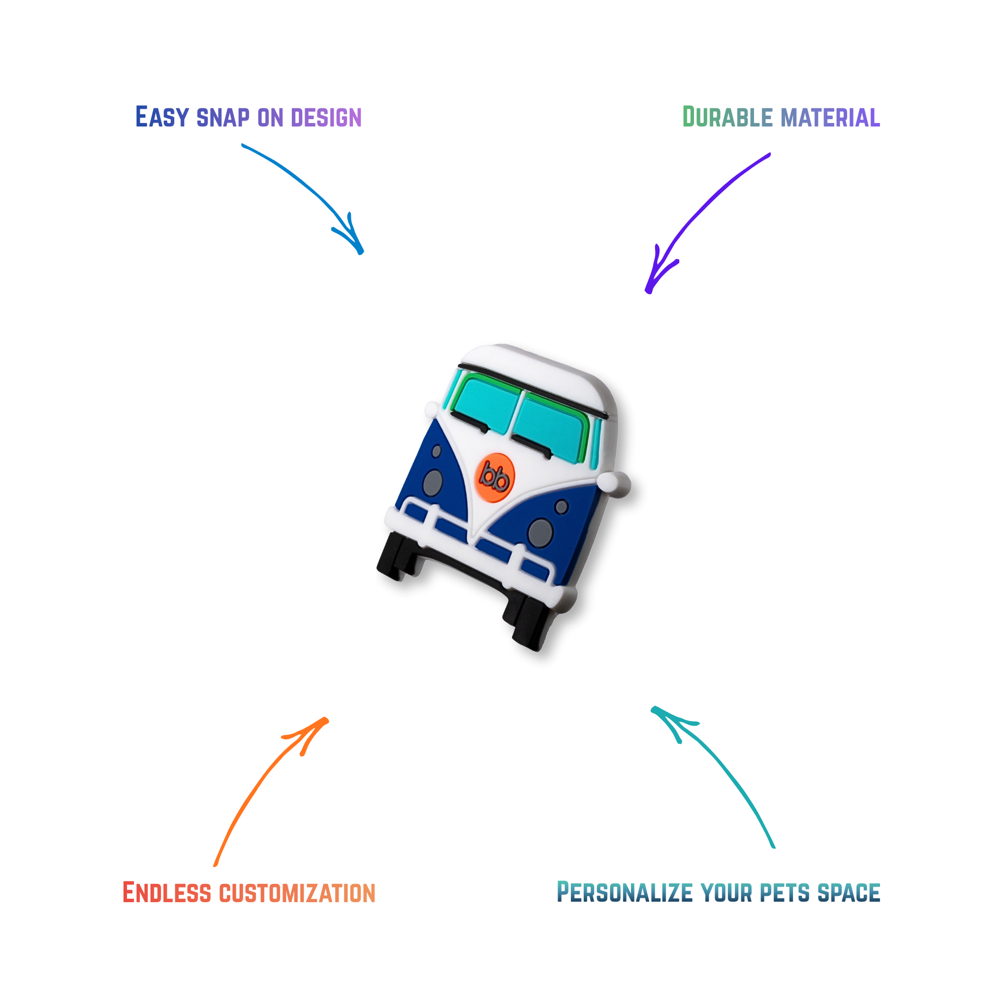 blue and white minivan snap-on charm features: easy attachment and durable construction