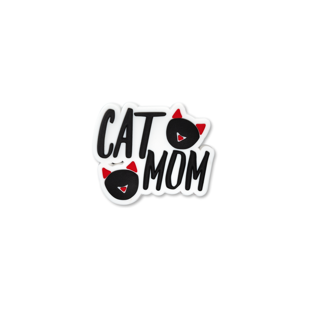 Cat Mom decorative charm with black lettering and red cat ear accents