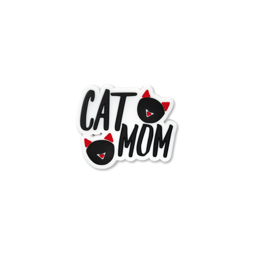 Cat Mom decorative charm with black lettering and red cat ear accents