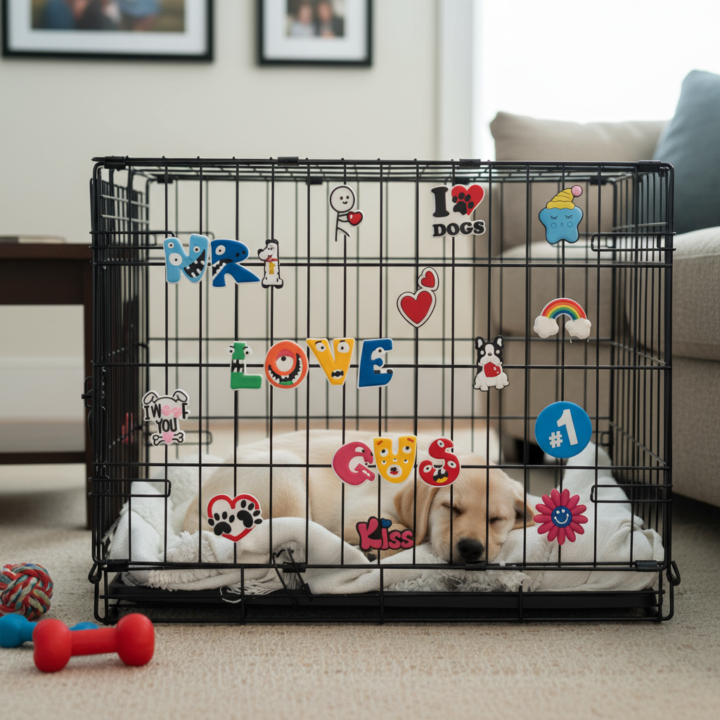 Yellow Labrador puppy sleeping inside a decorated dog crate with colorful charms and letters spelling Gus, in a cozy living room with toys and furniture in the background