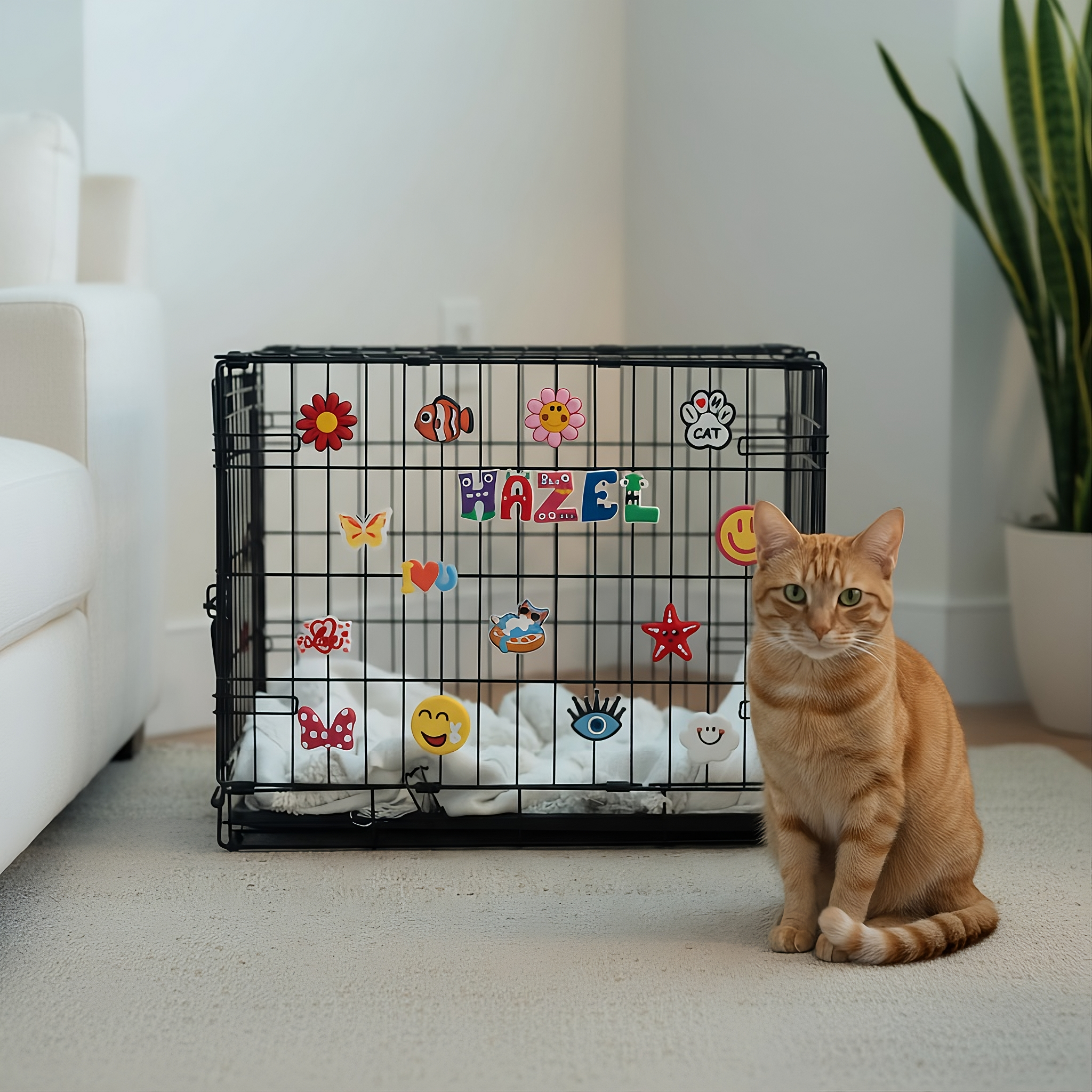 Orange cat sitting beside a black dog crate decorated with colorful charms and letters spelling Hazel, with a white couch and green plant in the background