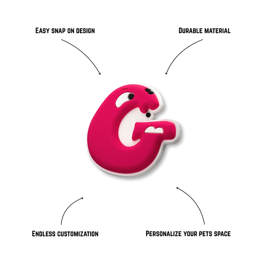 Pet crate accessories grape-pink letter G crate charm features benefits callout Crate Charms alphabet snap-on decoration