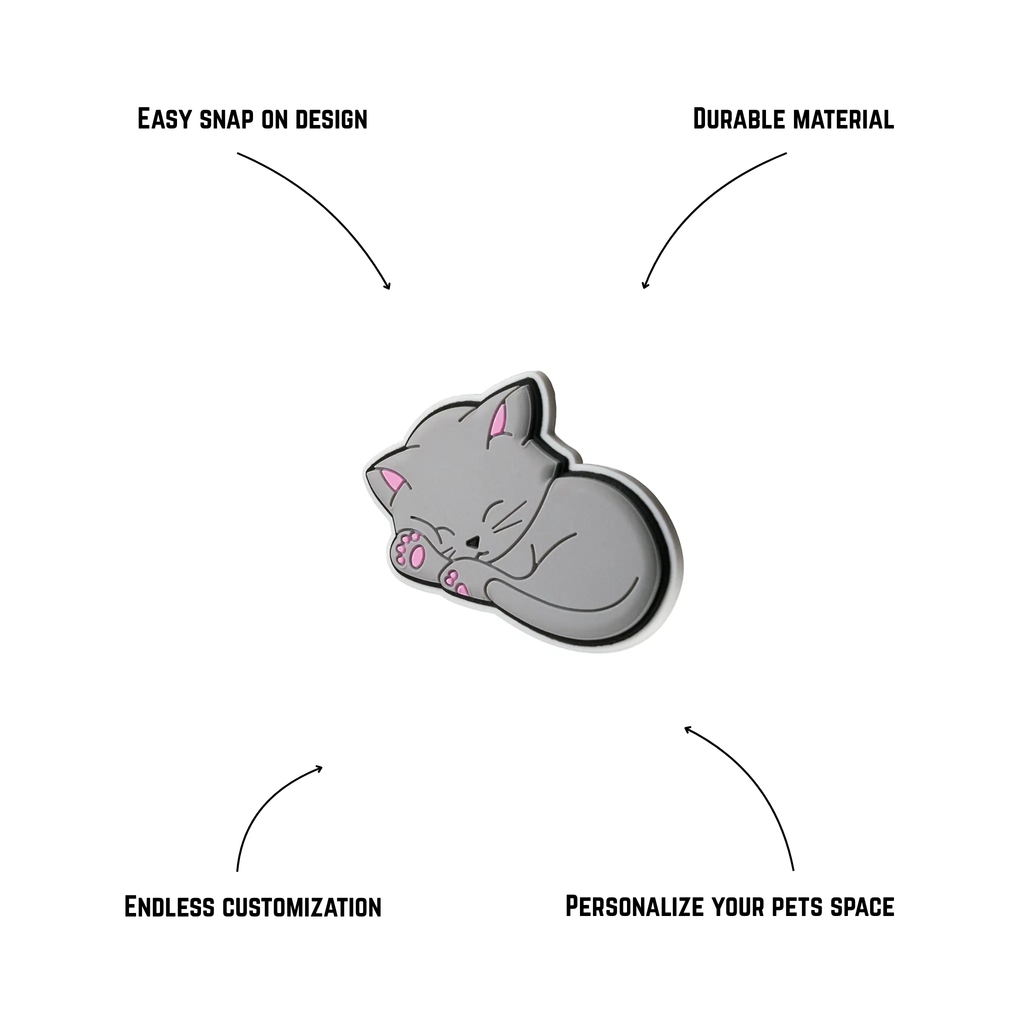 Pet crate accessories gray sleeping kitty crate charm features benefits callout Crate Charms snap-on decoration
