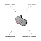 Pet crate accessories gray sleeping kitty crate charm features benefits callout Crate Charms snap-on decoration