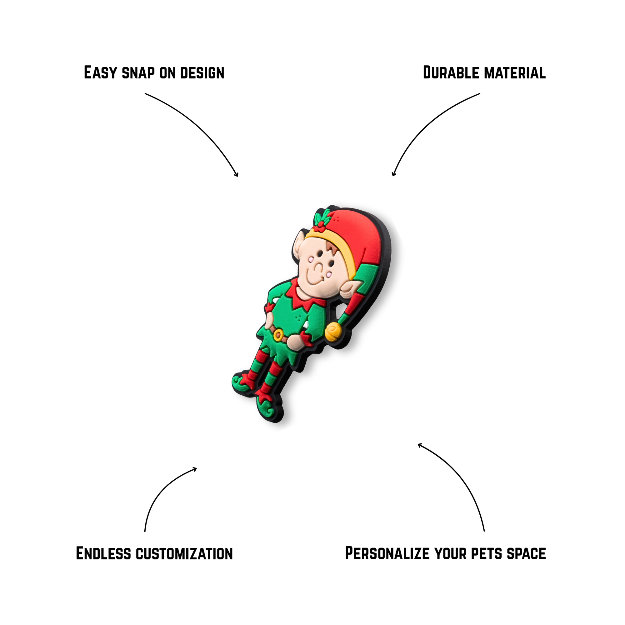 Christmas Elf charm side view with labeled features durable snap-on holiday crate decor