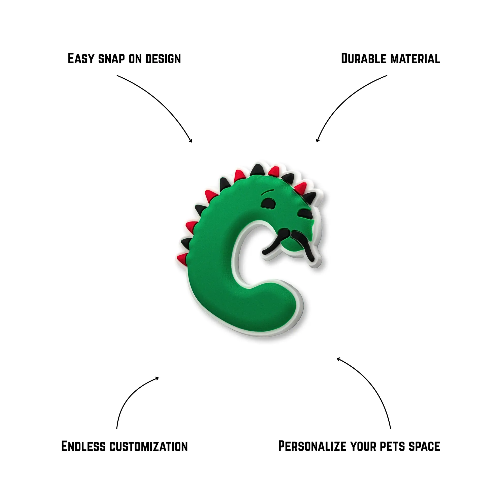 Pet crate accessories green letter C crate charm features benefits callout Crate Charms alphabet snap-on decoration