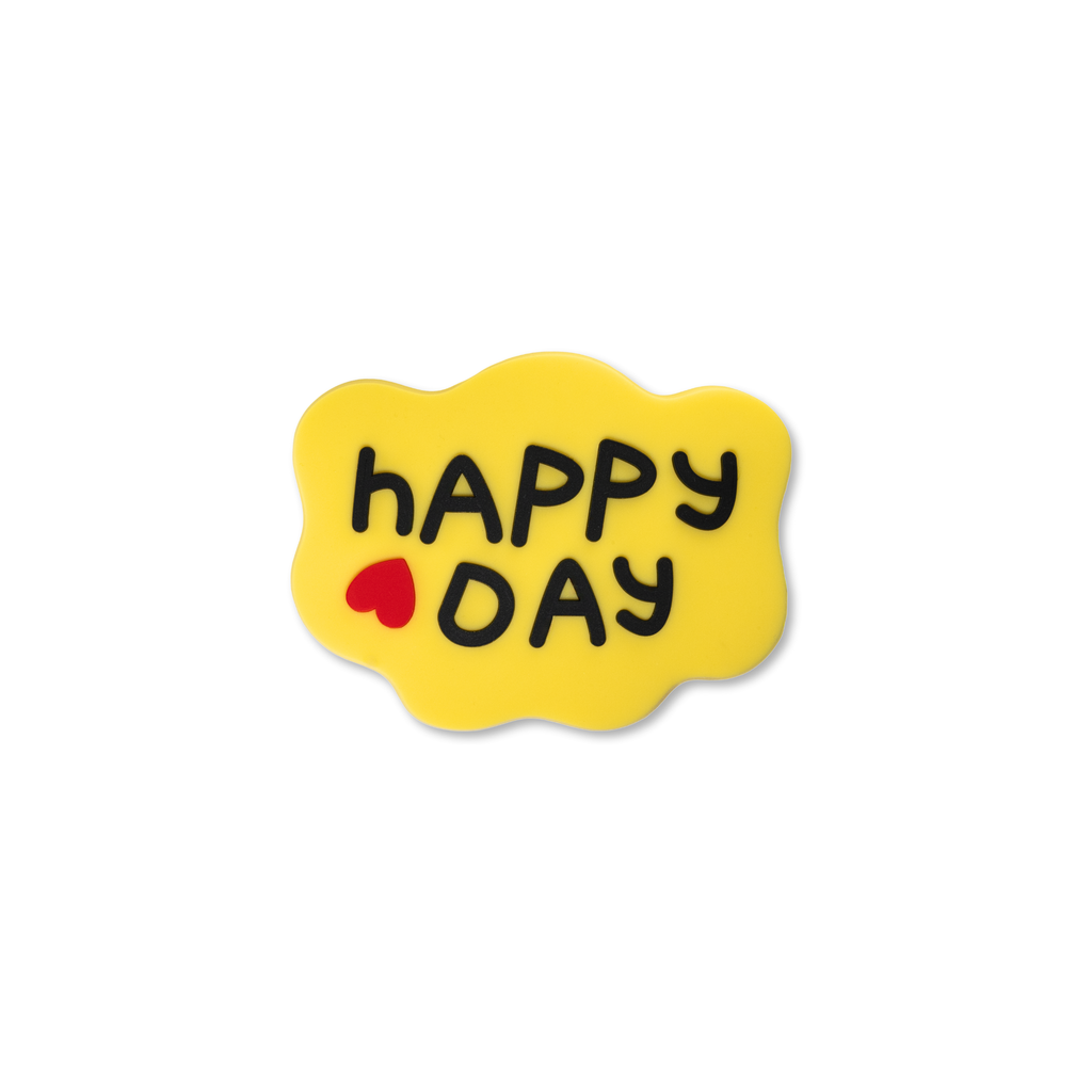 Yellow Happy Day decorative charm with red heart accent and black lettering
