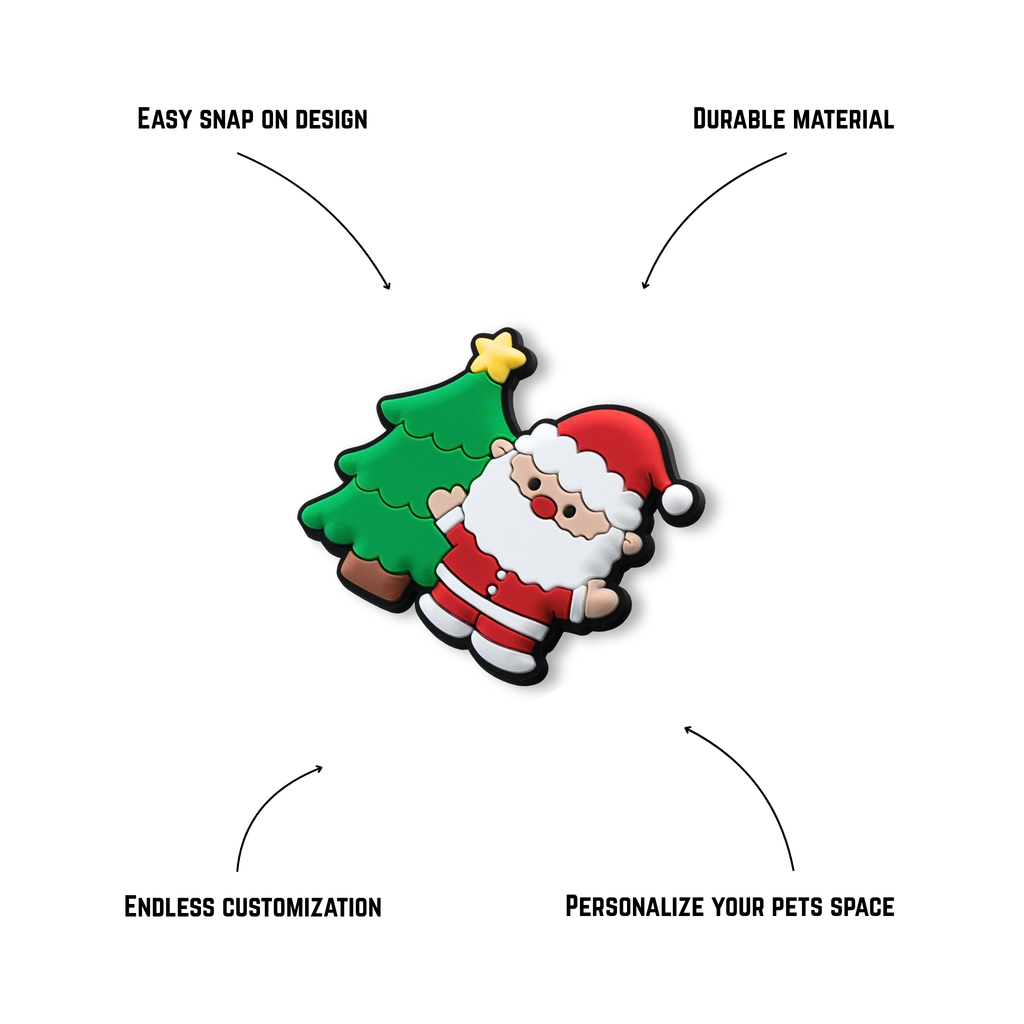 Santa and Christmas tree charm side angle with labeled features durable festive crate charm