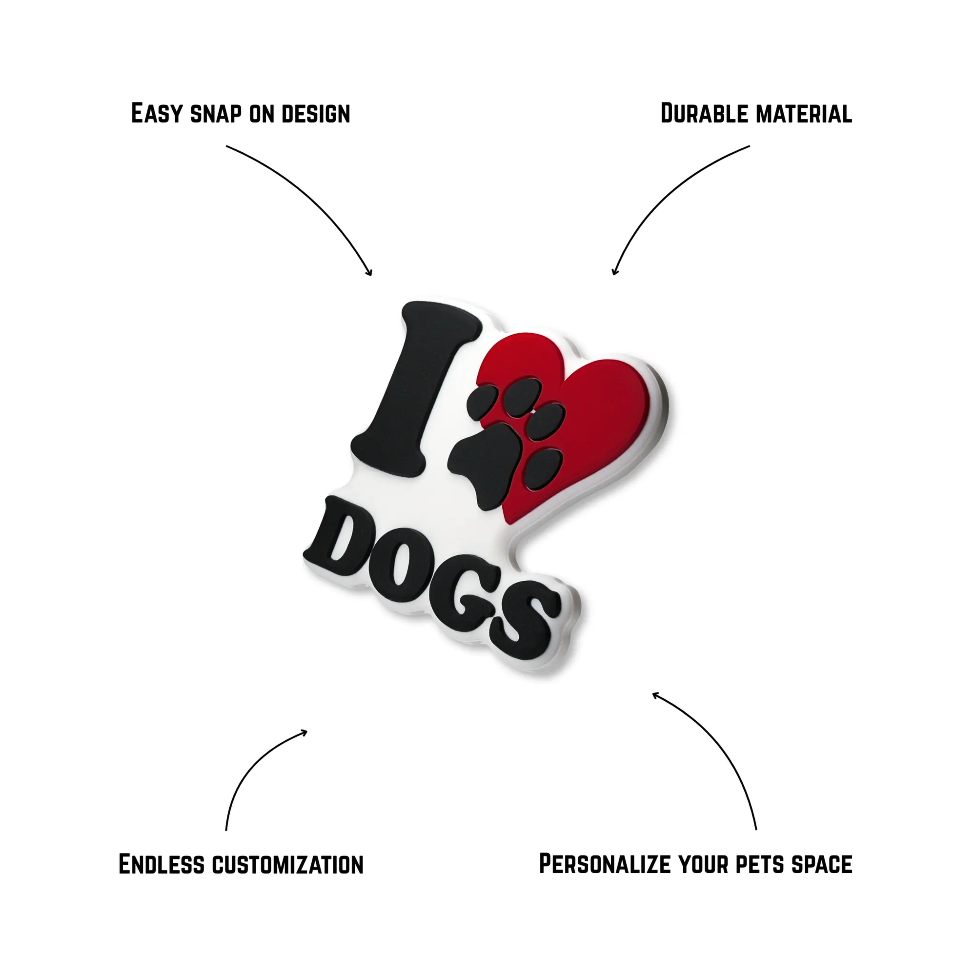 Pet crate accessories i love dogs crate charm features benefits callout Crate Charms snap-on decoration