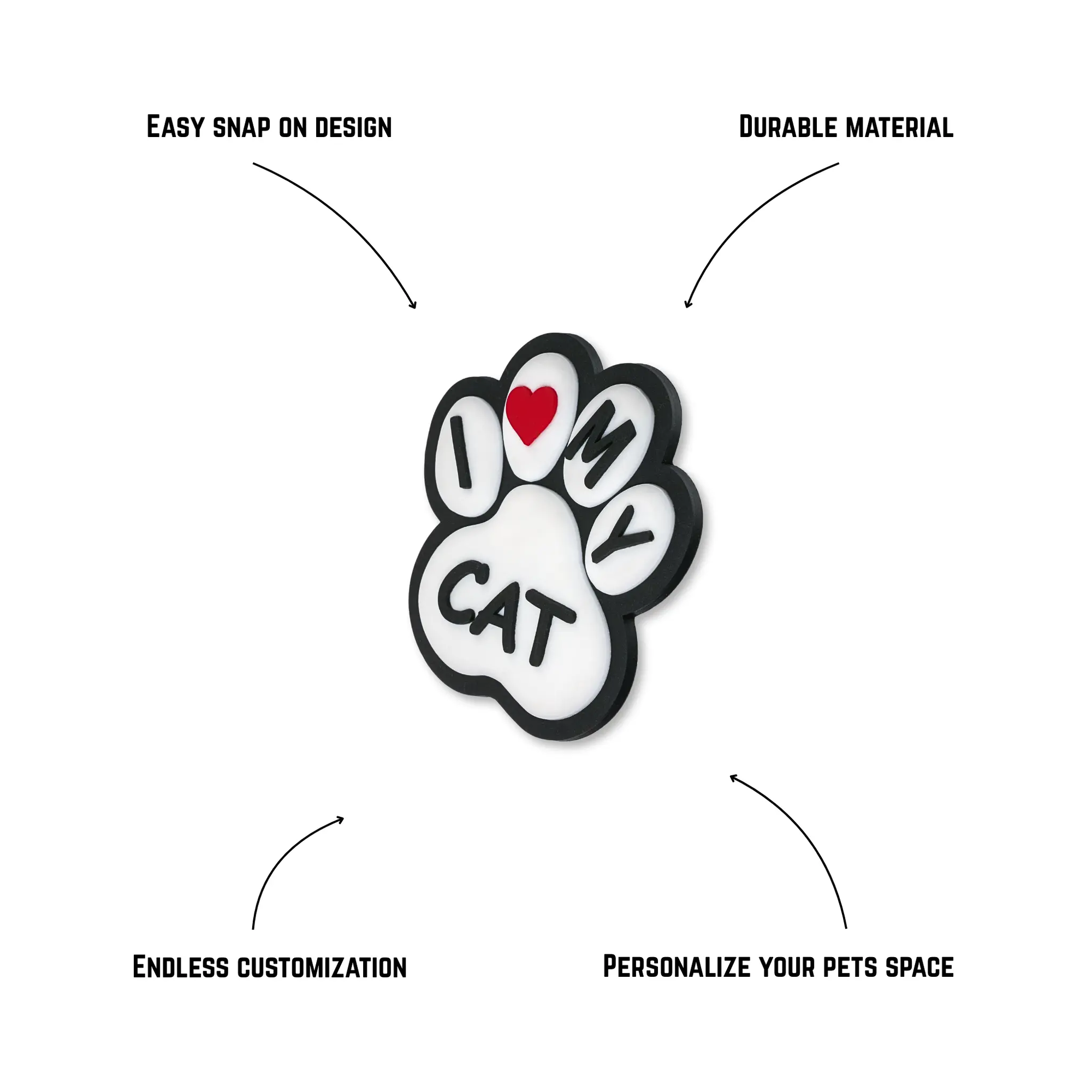 Pet crate accessories i love my cat heart crate charm features benefits callout Crate Charms snap-on decoration