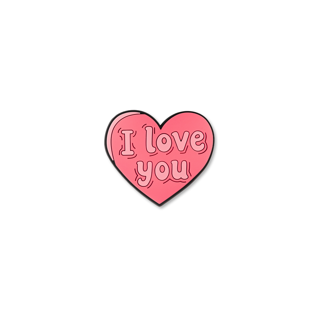 Pink heart decorative charm with I Love You embossed text
