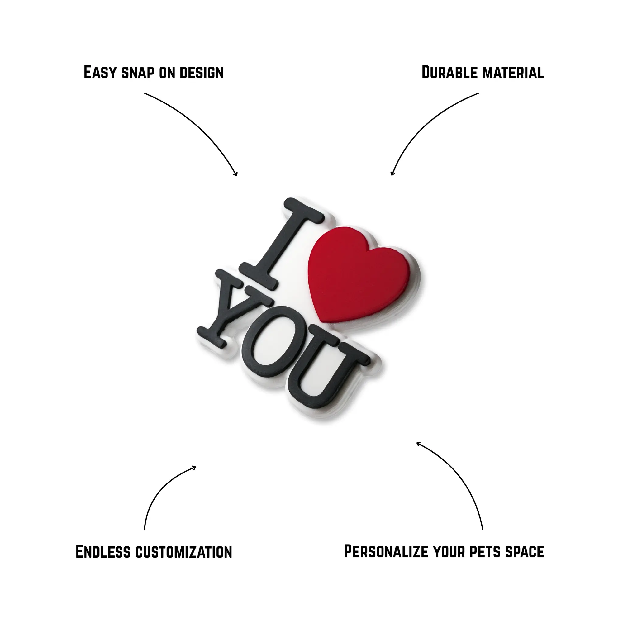 Pet crate accessories i heart you crate charm features benefits callout Crate Charms snap-on decoration