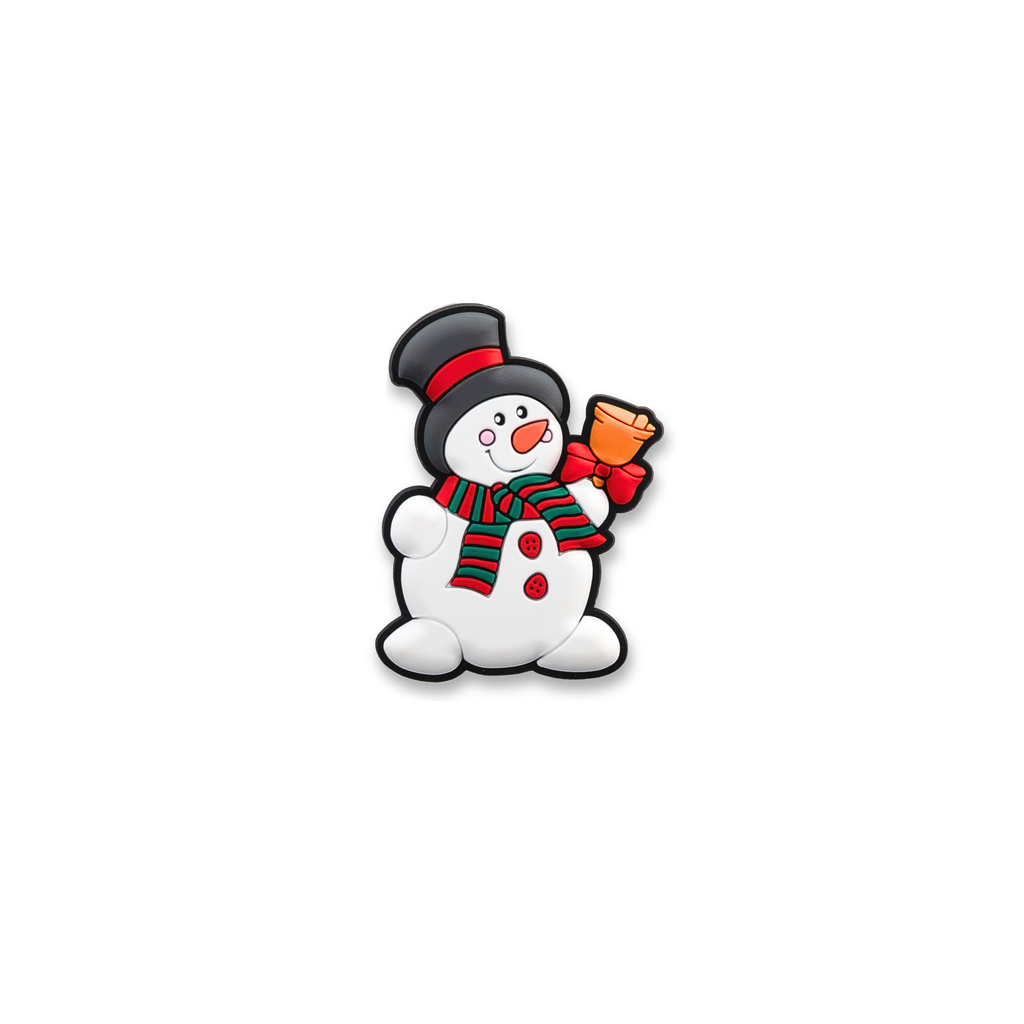 Snowman with bell charm wearing striped scarf festive Christmas pet crate decor by Crate Charms