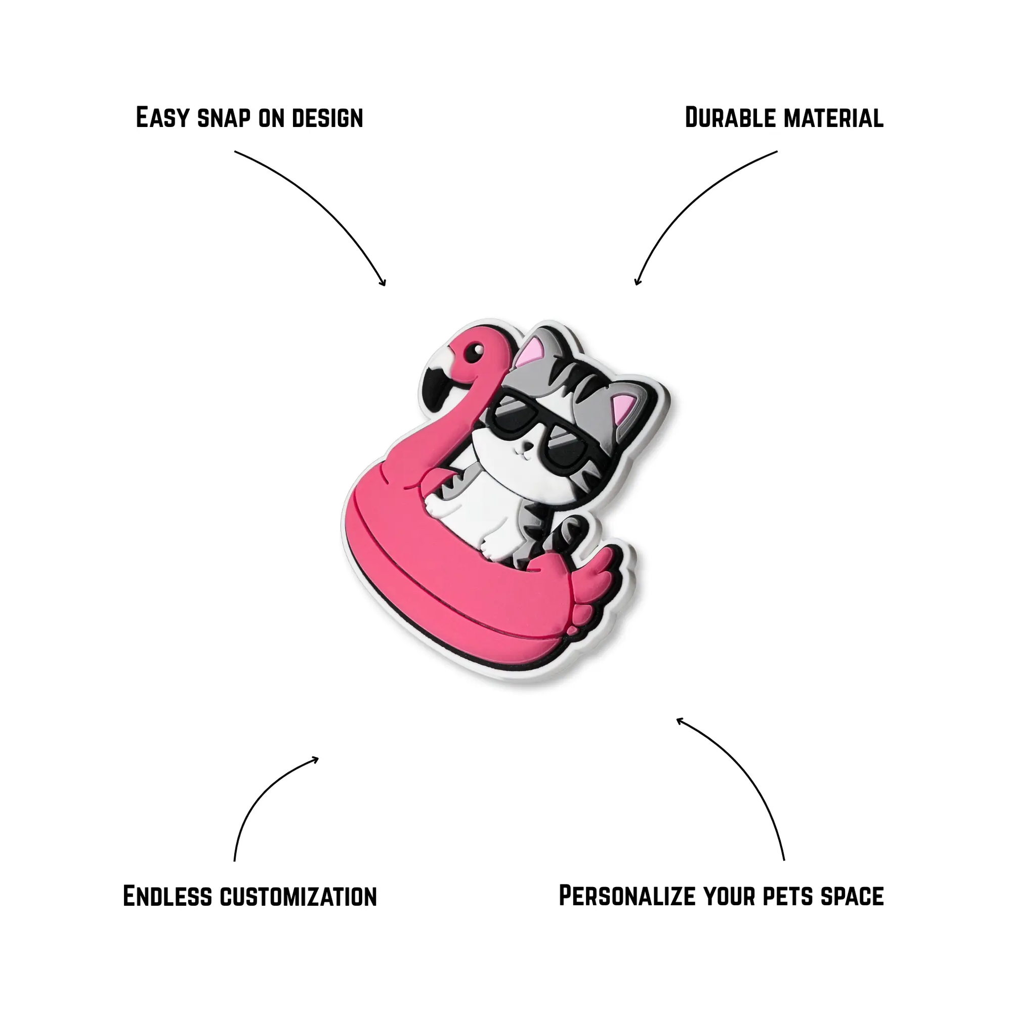 Pet crate accessories flamingo kitty crate charm features benefits callout Crate Charms snap-on decoration