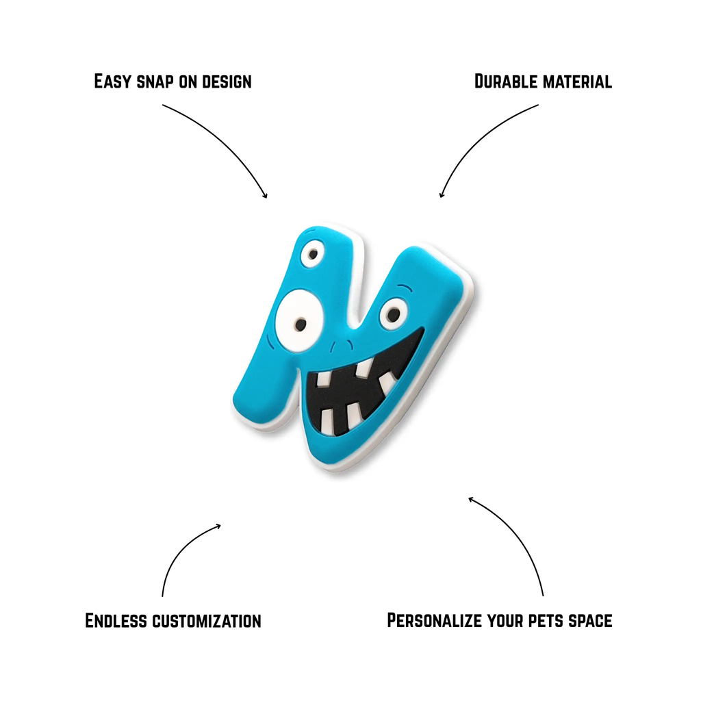 Pet crate accessories light-blue letter N crate charm features benefits callout Crate Charms alphabet snap-on decoration