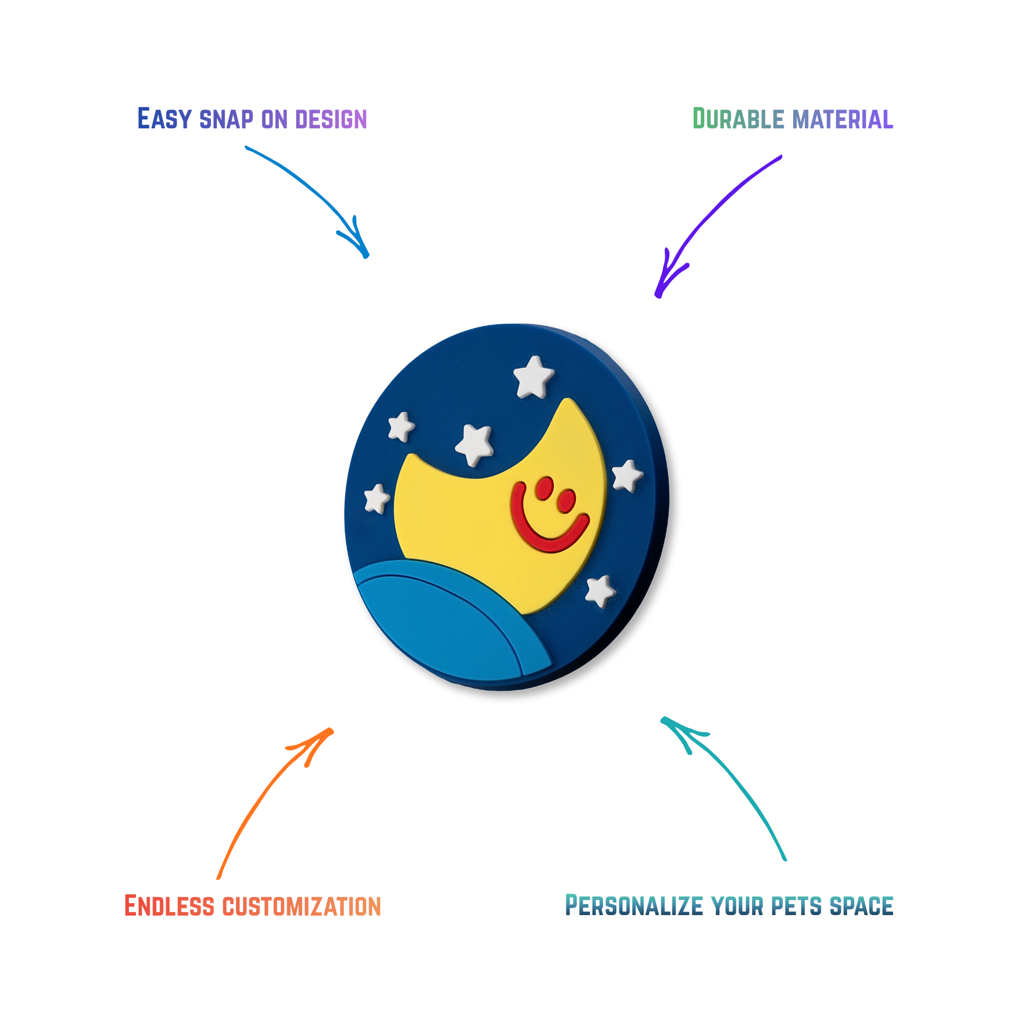 Night sky moon snap-on crate charm with easy attachment and durable construction