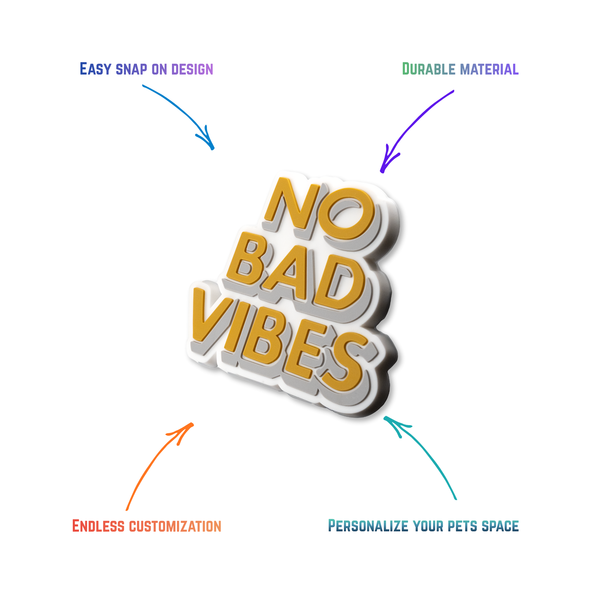 No Bad Vibes snap-on crate charm with easy attachment and durable construction