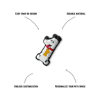 Pet crate accessories number zero crate charm features benefits callout Crate Charms snap-on durable customizable