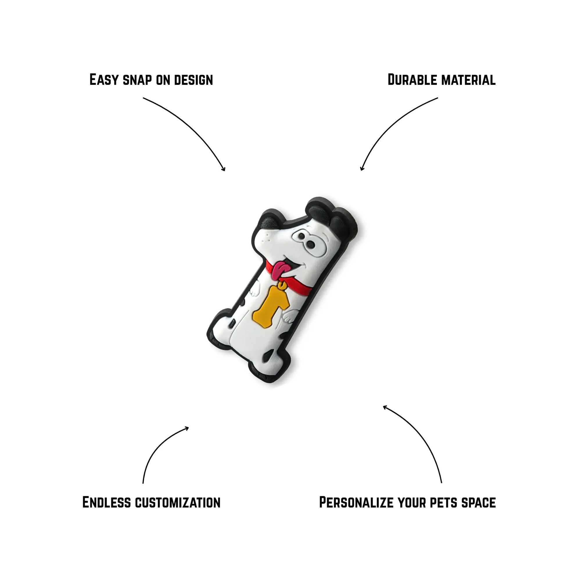 Pet crate accessories number zero crate charm features benefits callout Crate Charms snap-on durable customizable