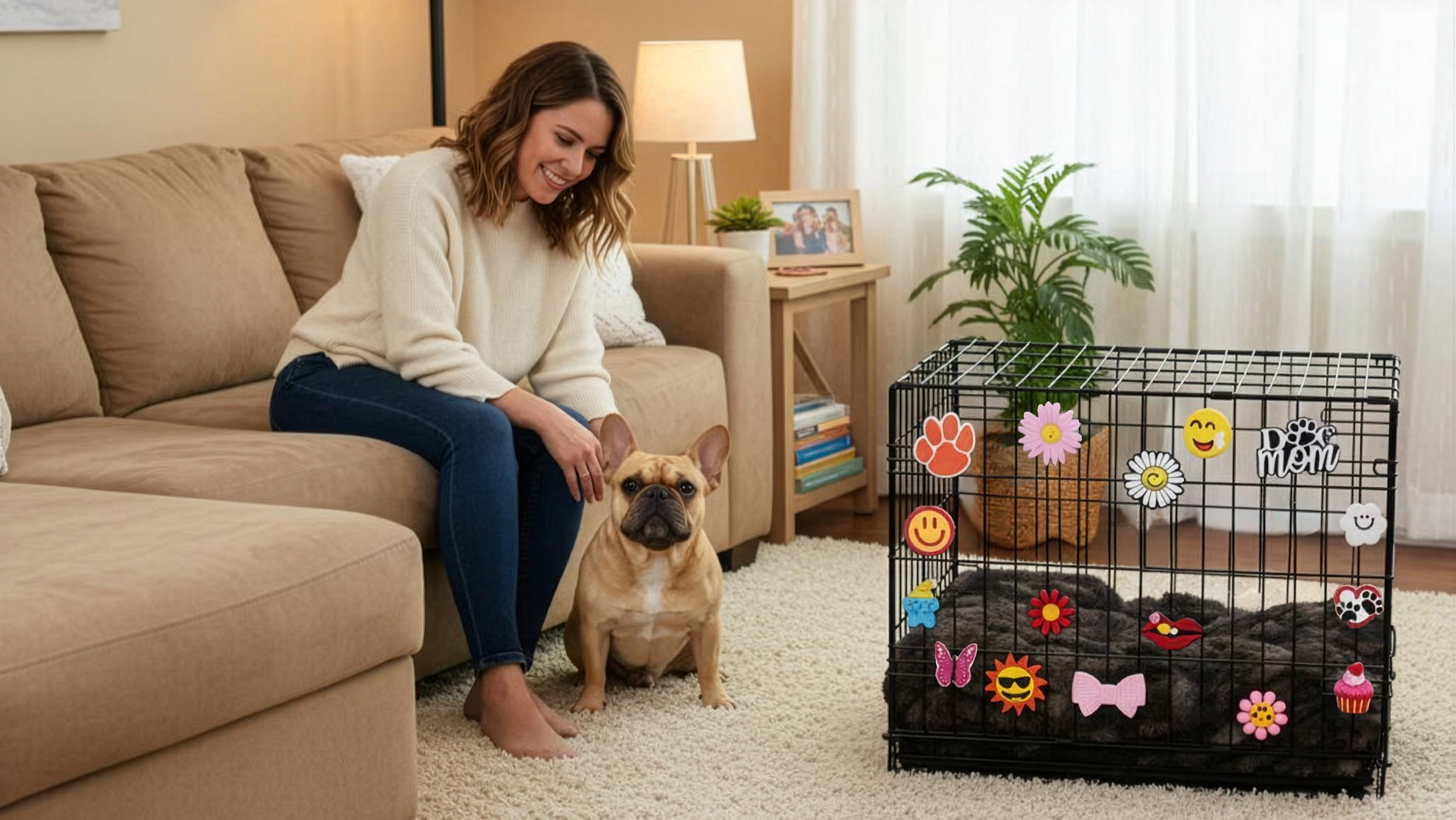 Cat and dog with colorful decorative pet crate charms on wire crate desktop
