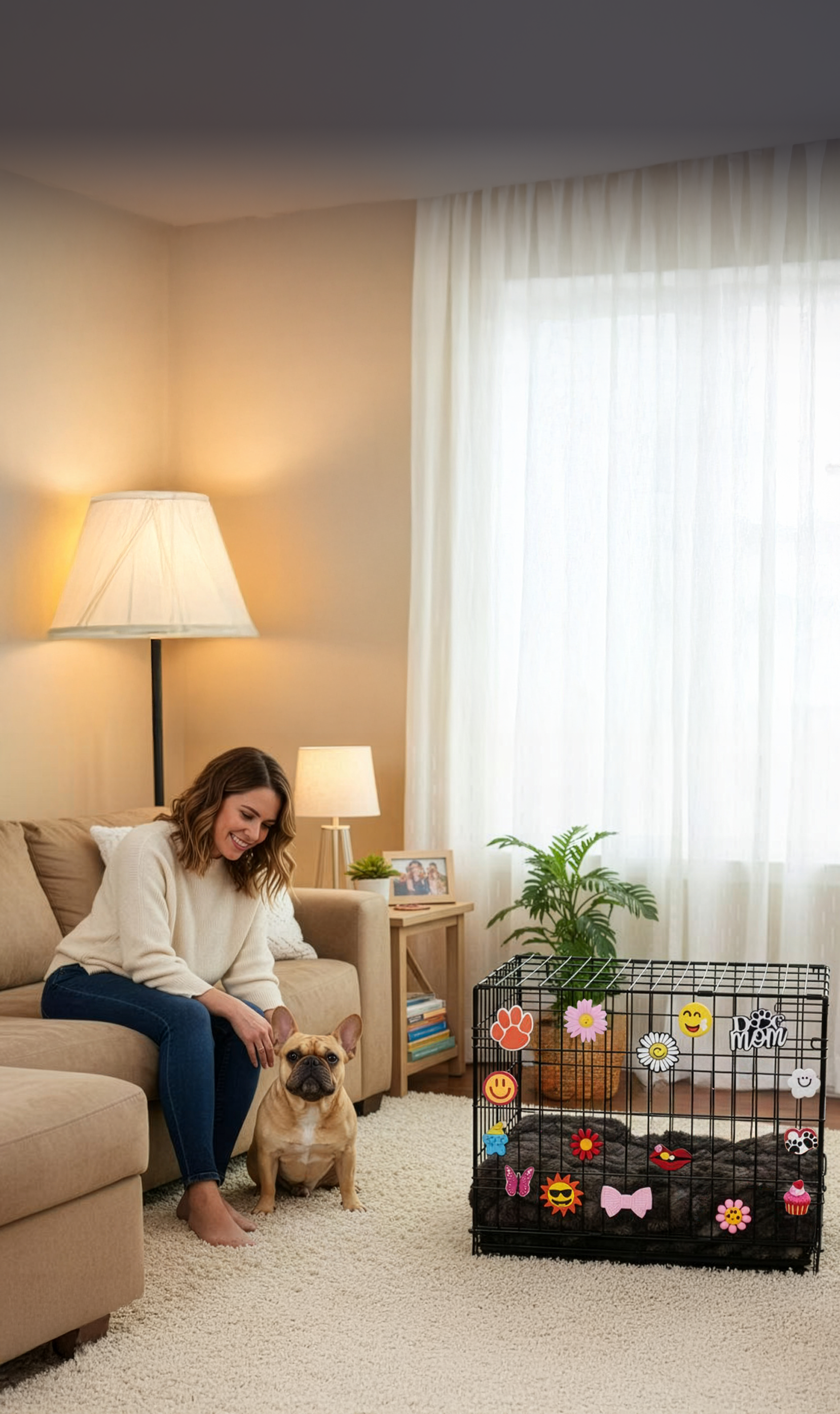 Cat and dog with colorful decorative pet crate charms on wire crate mobile