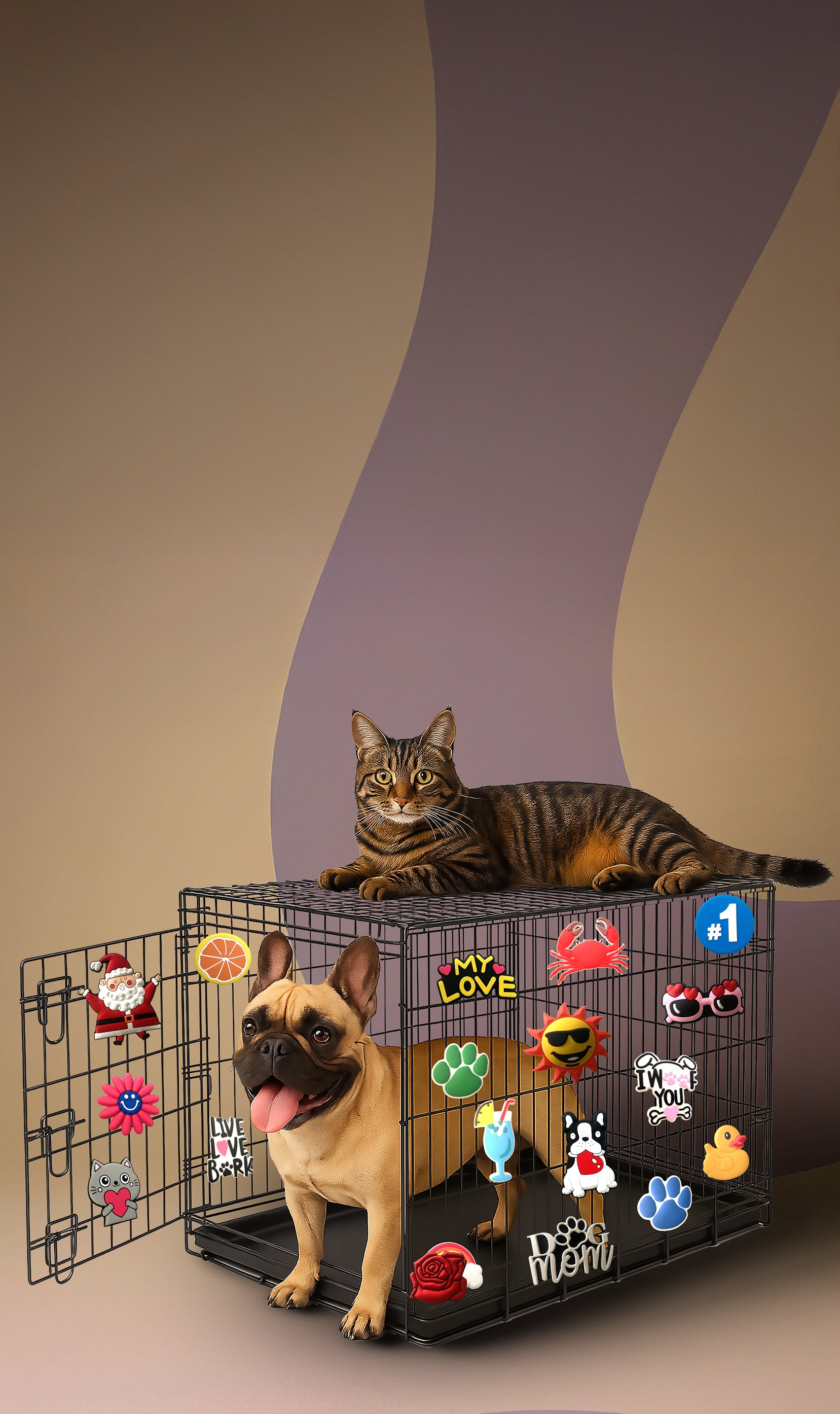 Cat and dog with colorful decorative pet crate charms on wire crate mobile