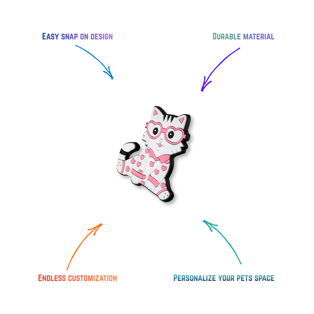 white kitty in heart pijamas snap-on charm features: easy attachment and durable construction