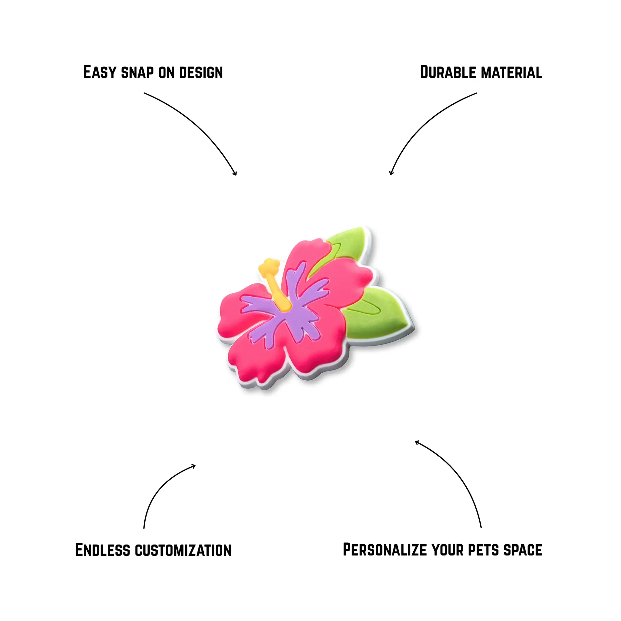 Pet crate accessories pink hibiscus crate charm features benefits callout Crate Charms snap-on decoration