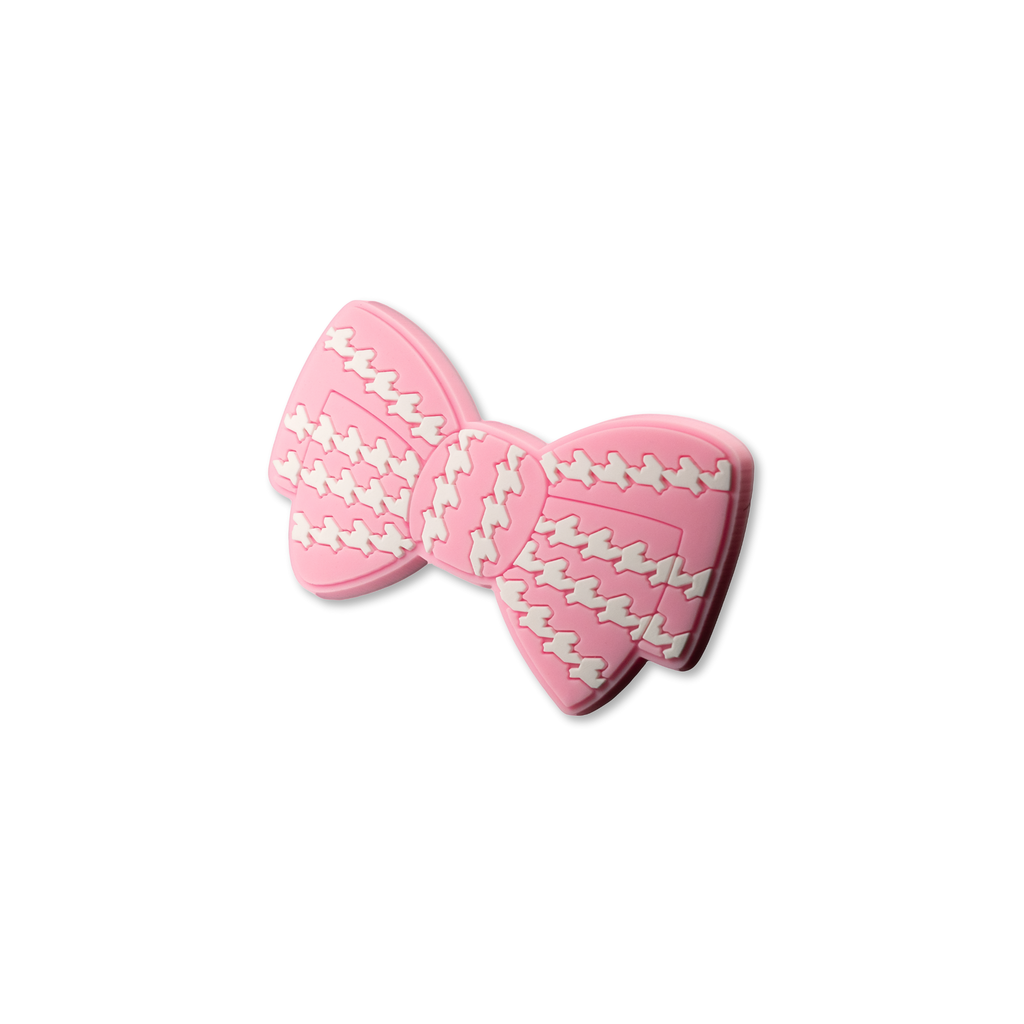 Pink bow tie crate charm shown at angle with dimensional design