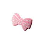 Pink bow tie crate charm shown at angle with dimensional design