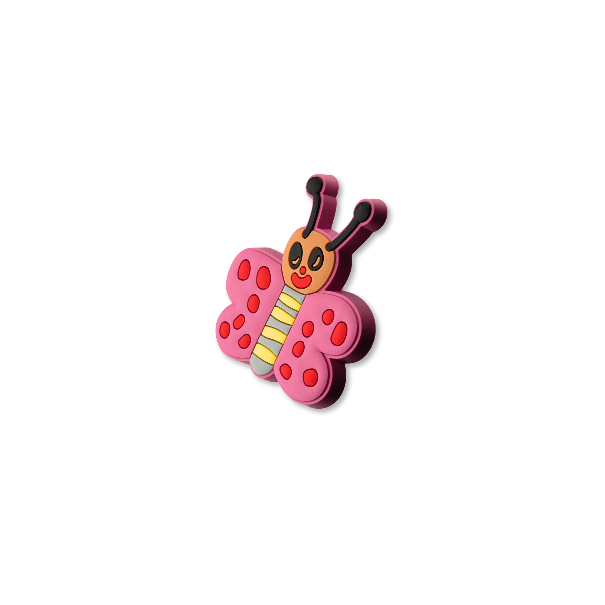 Pink butterfly crate charm shown at angle with dimensional design