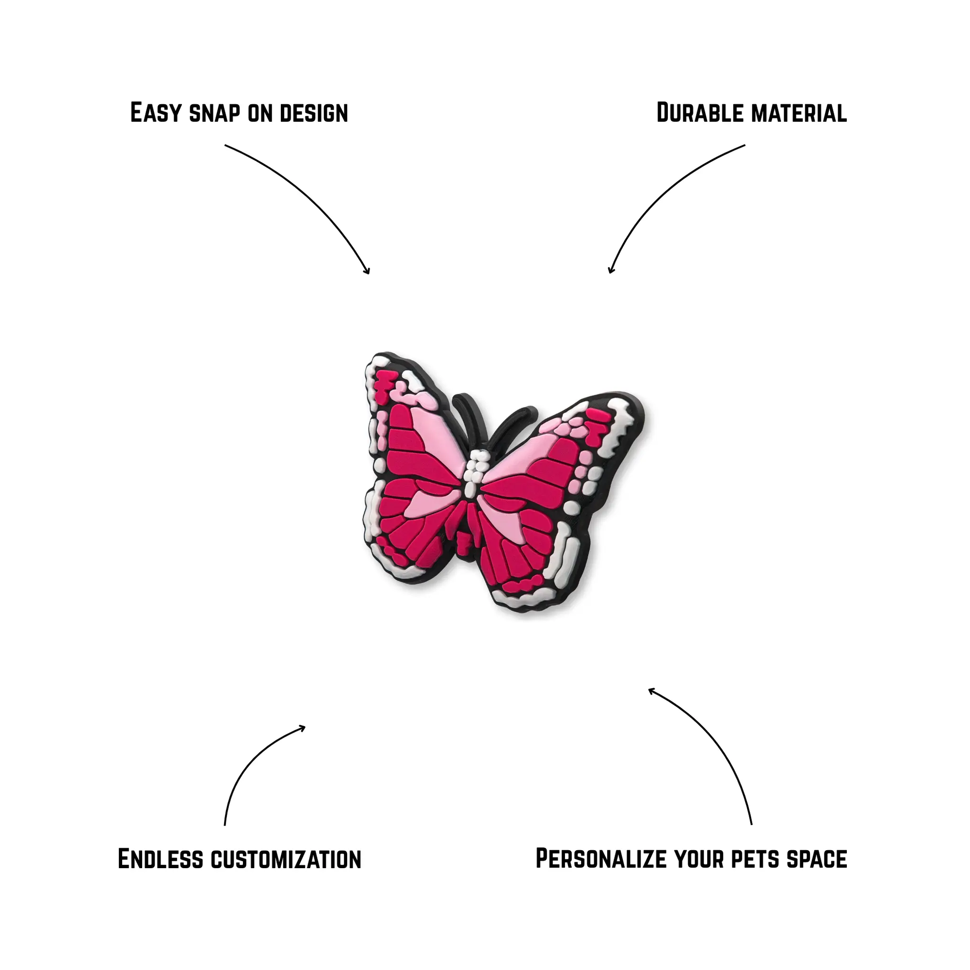 Pet crate accessories pink butterfly crate charm features benefits callout Crate Charms snap-on decoration