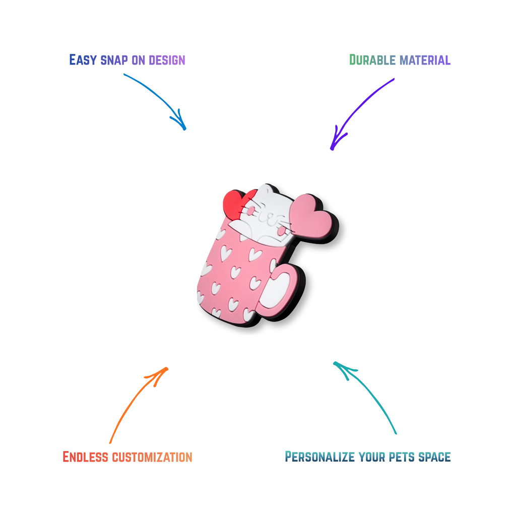 white kitty in a heart decorated pink and white cup snap-on charm features: easy attachment and durable construction