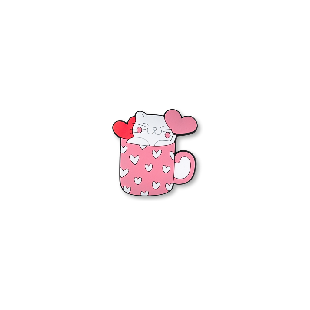 white kitty in a heart decorated pink and white cup crate charm front side