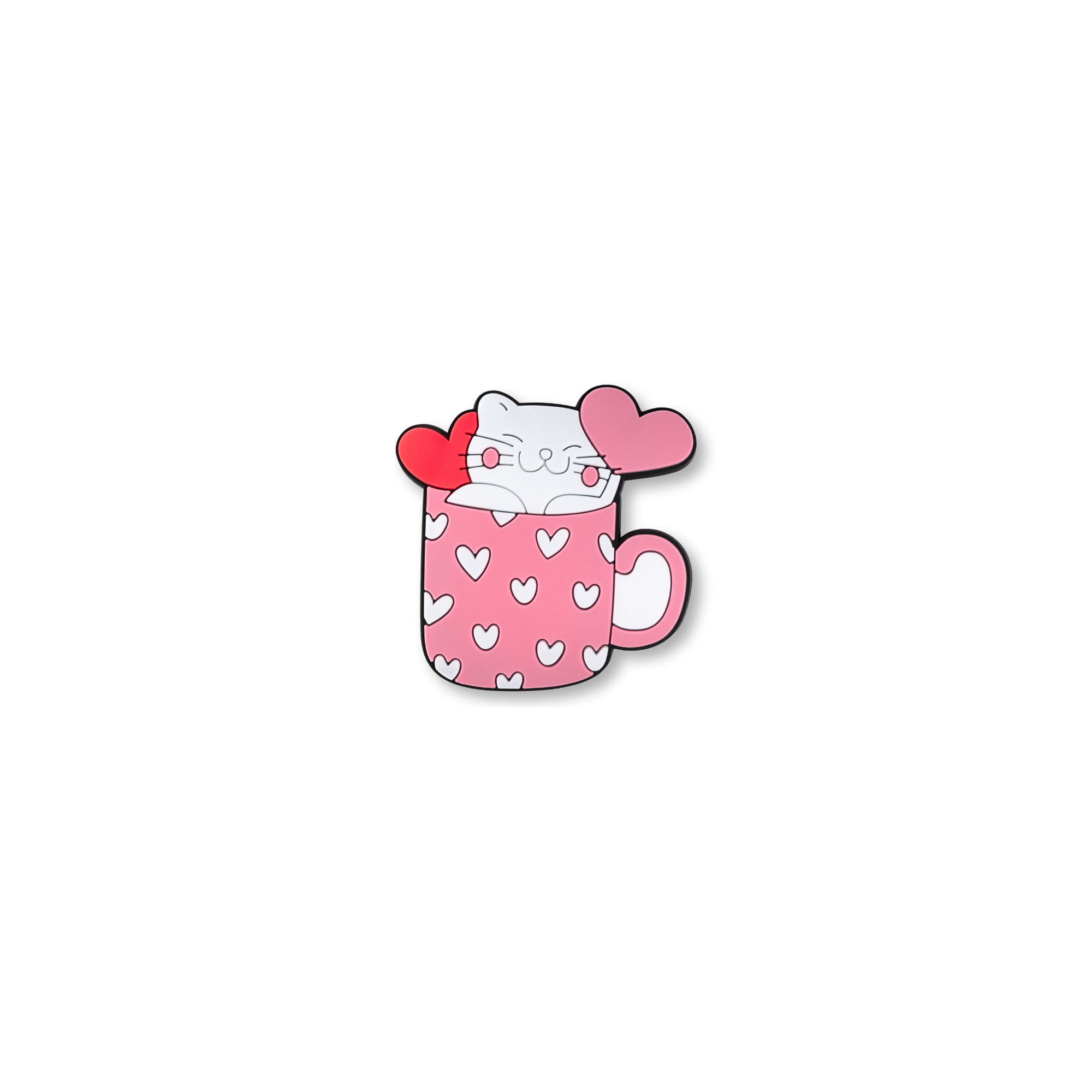 white kitty in a heart decorated pink and white cup crate charm front side