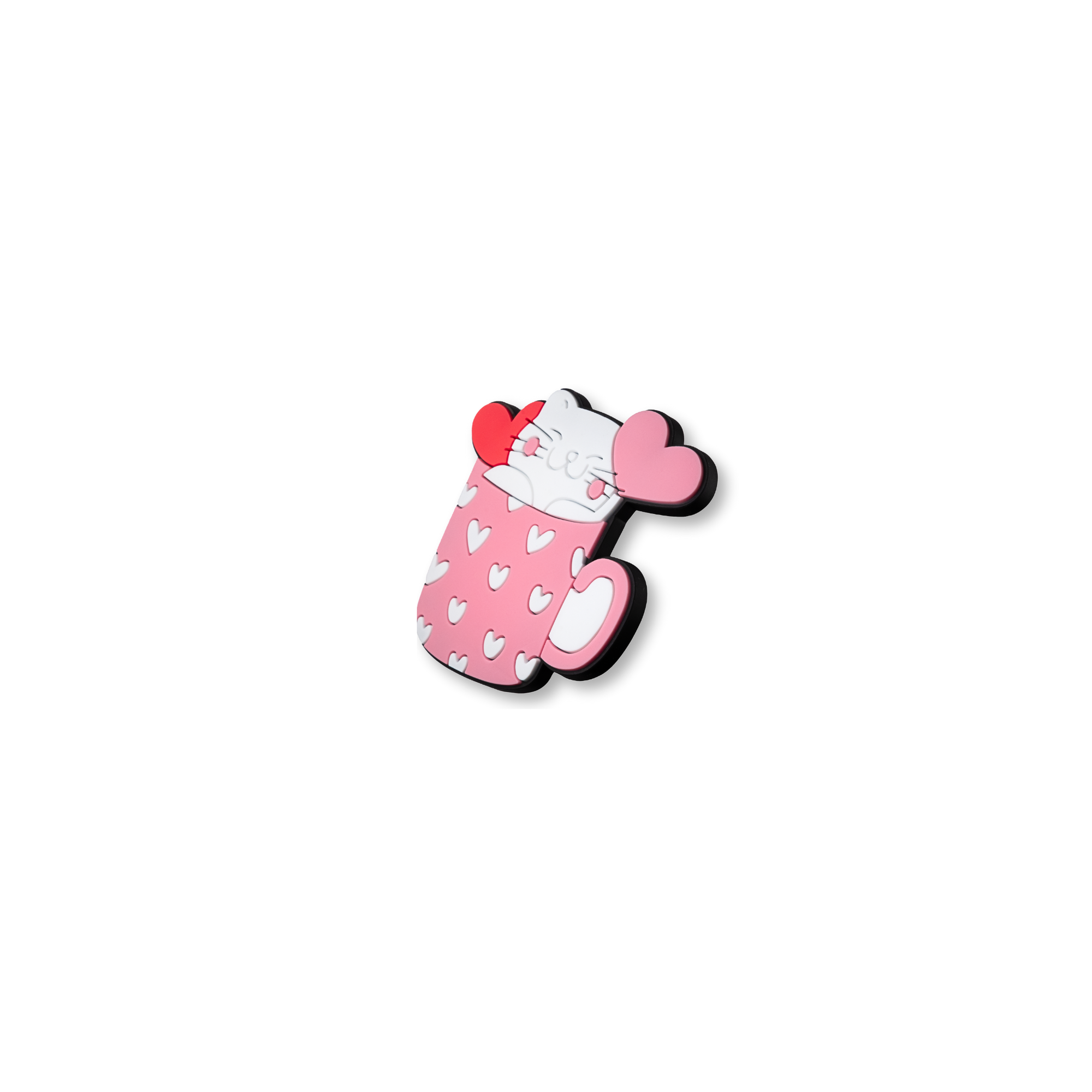 white kitty in a heart decorated pink and white cup crate charm shown at angle
