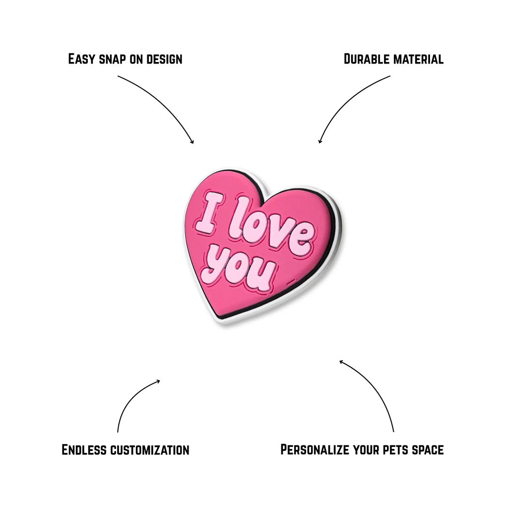 Pet crate accessories pink heart i love you crate charm features benefits callout Crate Charms snap-on decoration