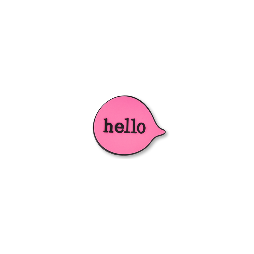pink chat bubble hello crate charm frontHello! Crate Charms