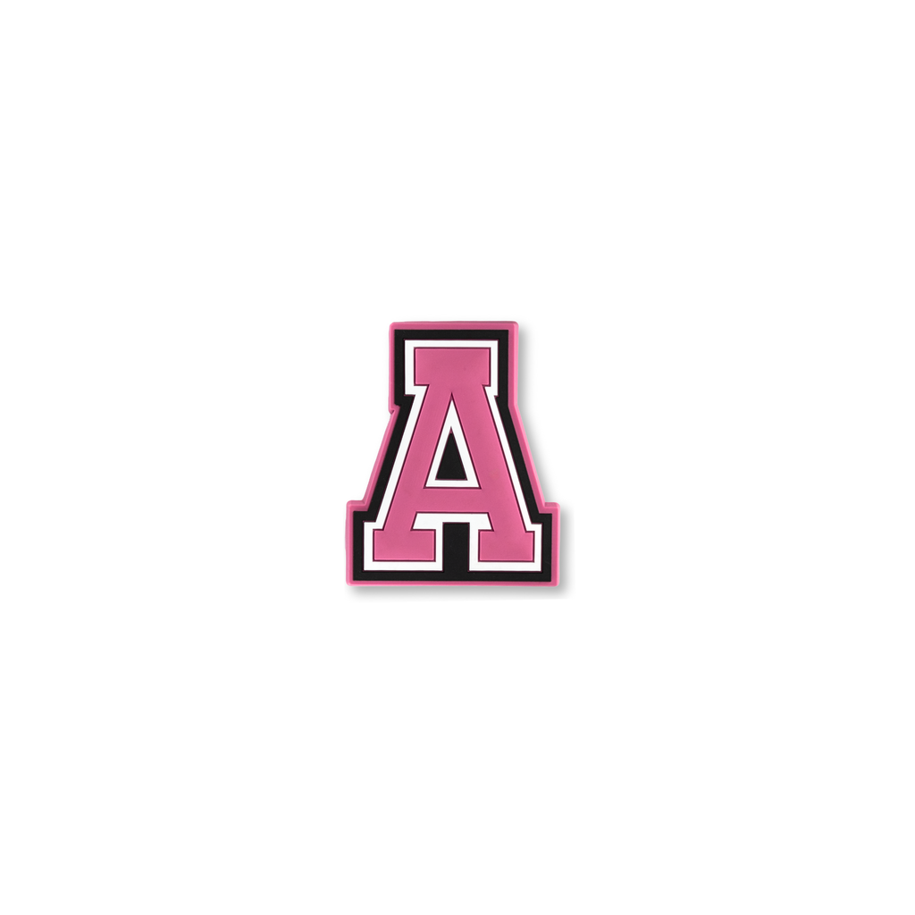 pink and white letter a crate charm front