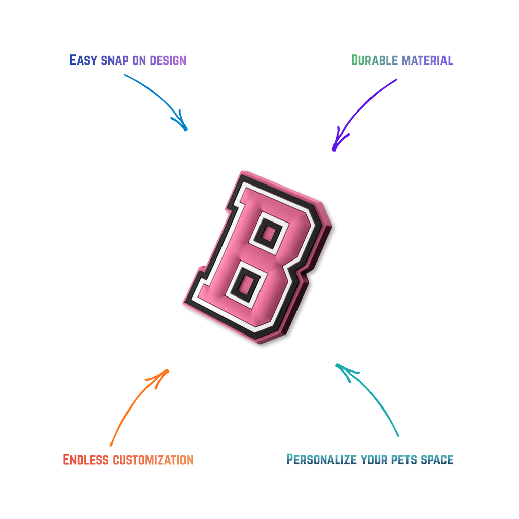 pink and white letter b snap-on charm features: easy attachment and durable construction