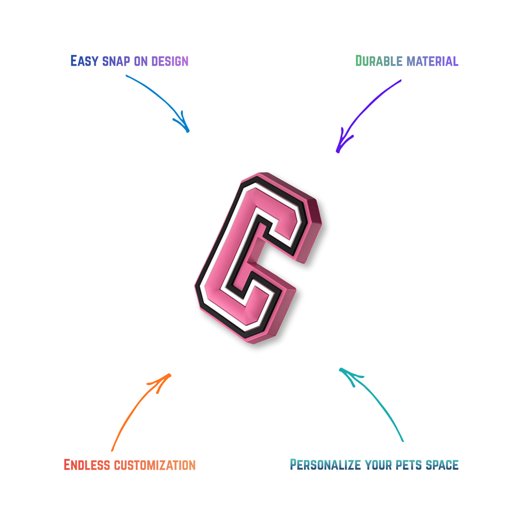 pink and white letter c snap-on charm features: easy attachment and durable construction