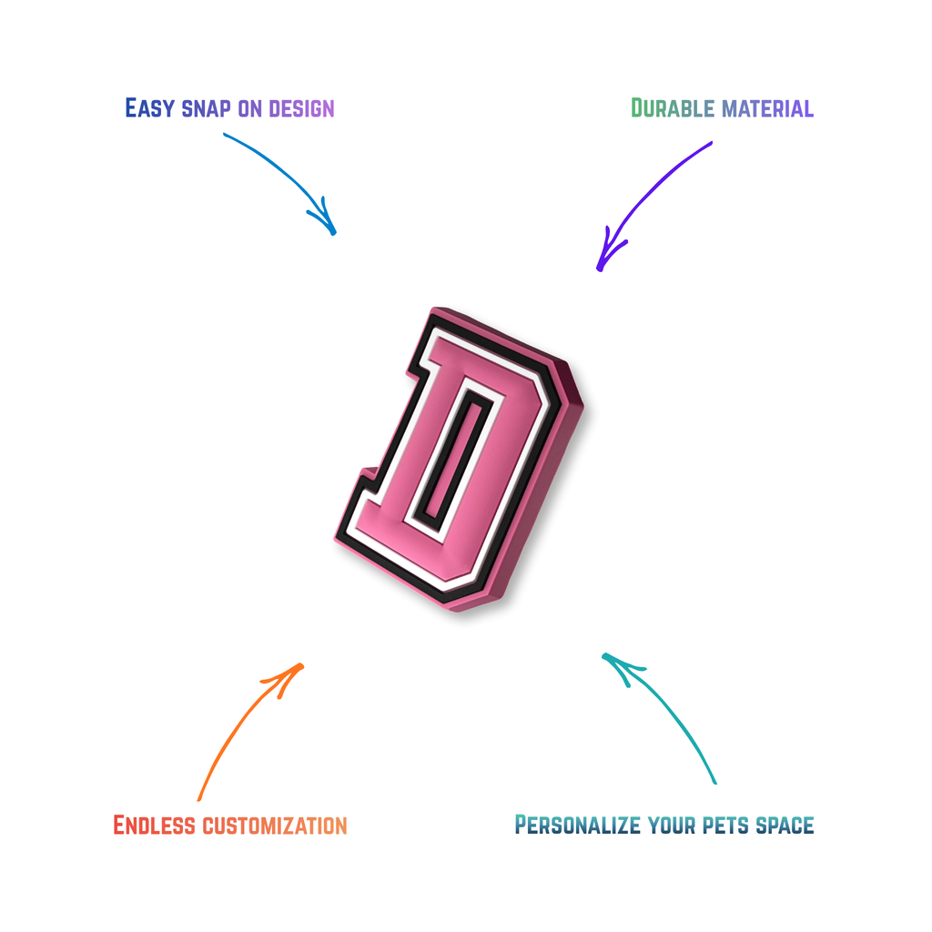 pink and white letter d snap-on charm features: easy attachment and durable construction