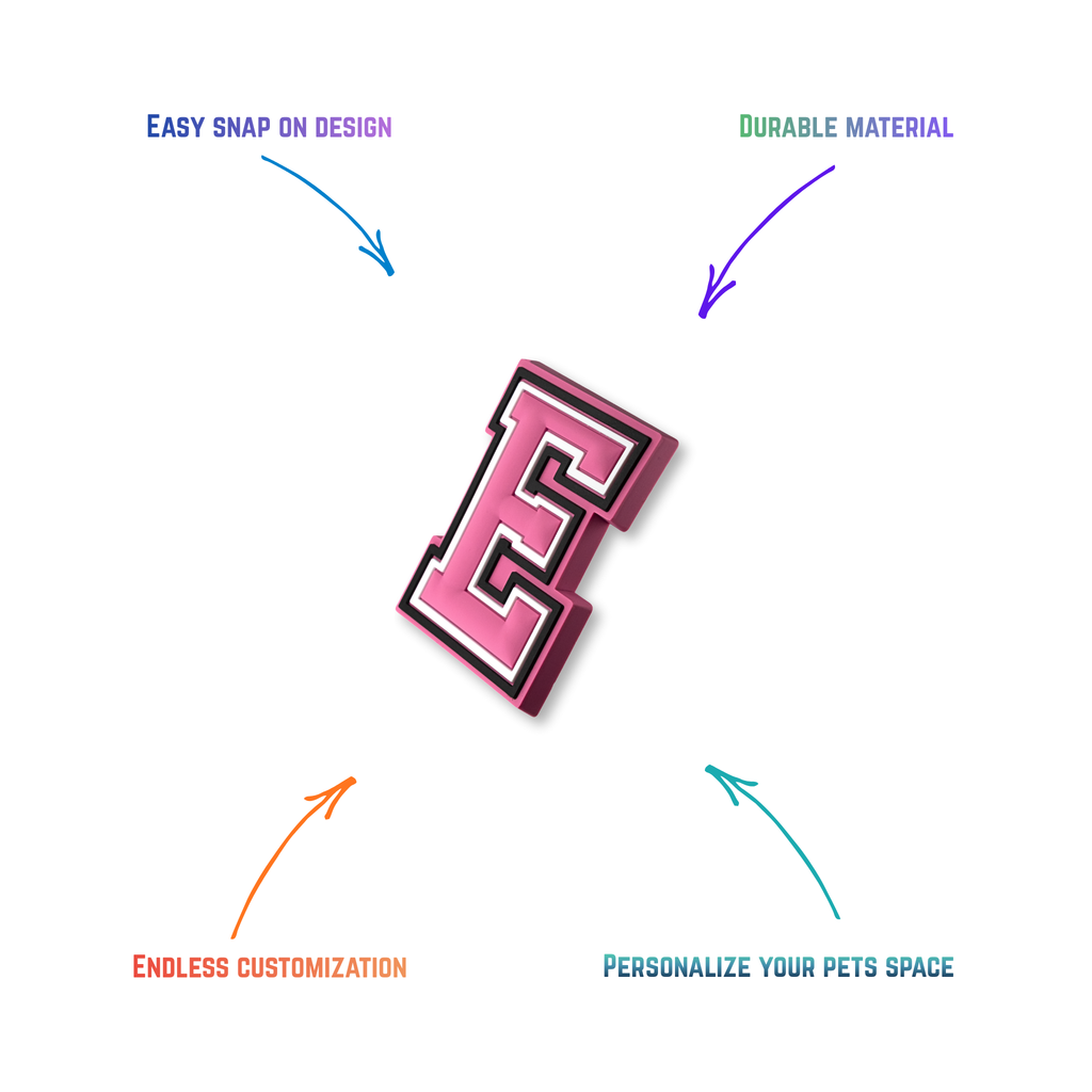 pink and white letter e snap-on charm features: easy attachment and durable construction