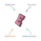 pink and white letter e snap-on charm features: easy attachment and durable construction