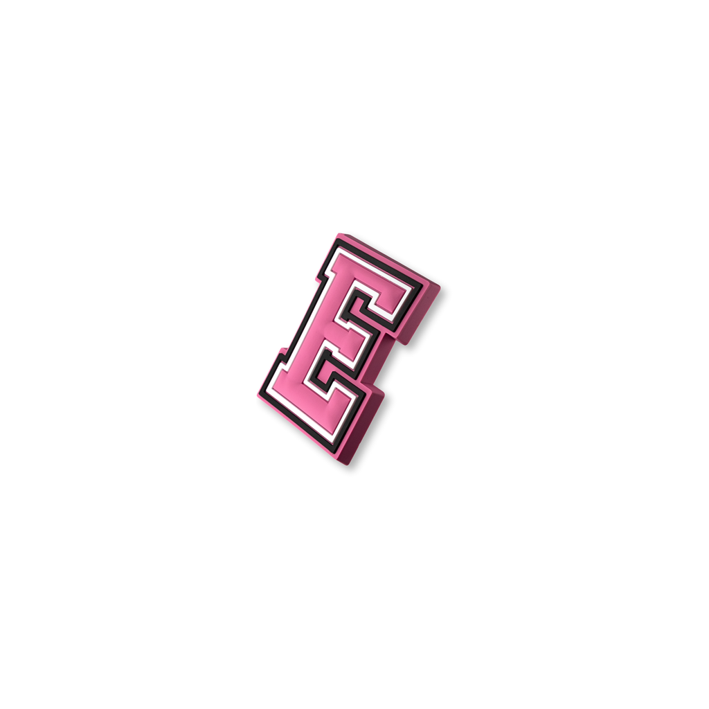 pink and white letter e crate charm shown at angle