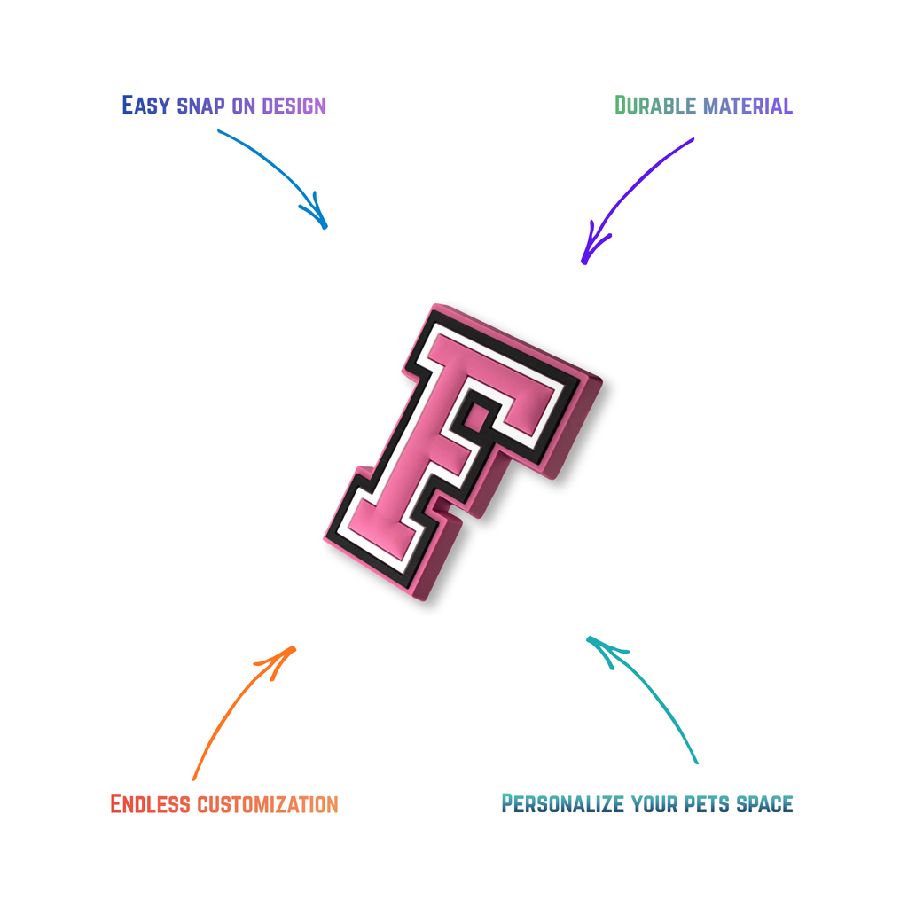 pink and white letter f snap-on charm features: easy attachment and durable construction